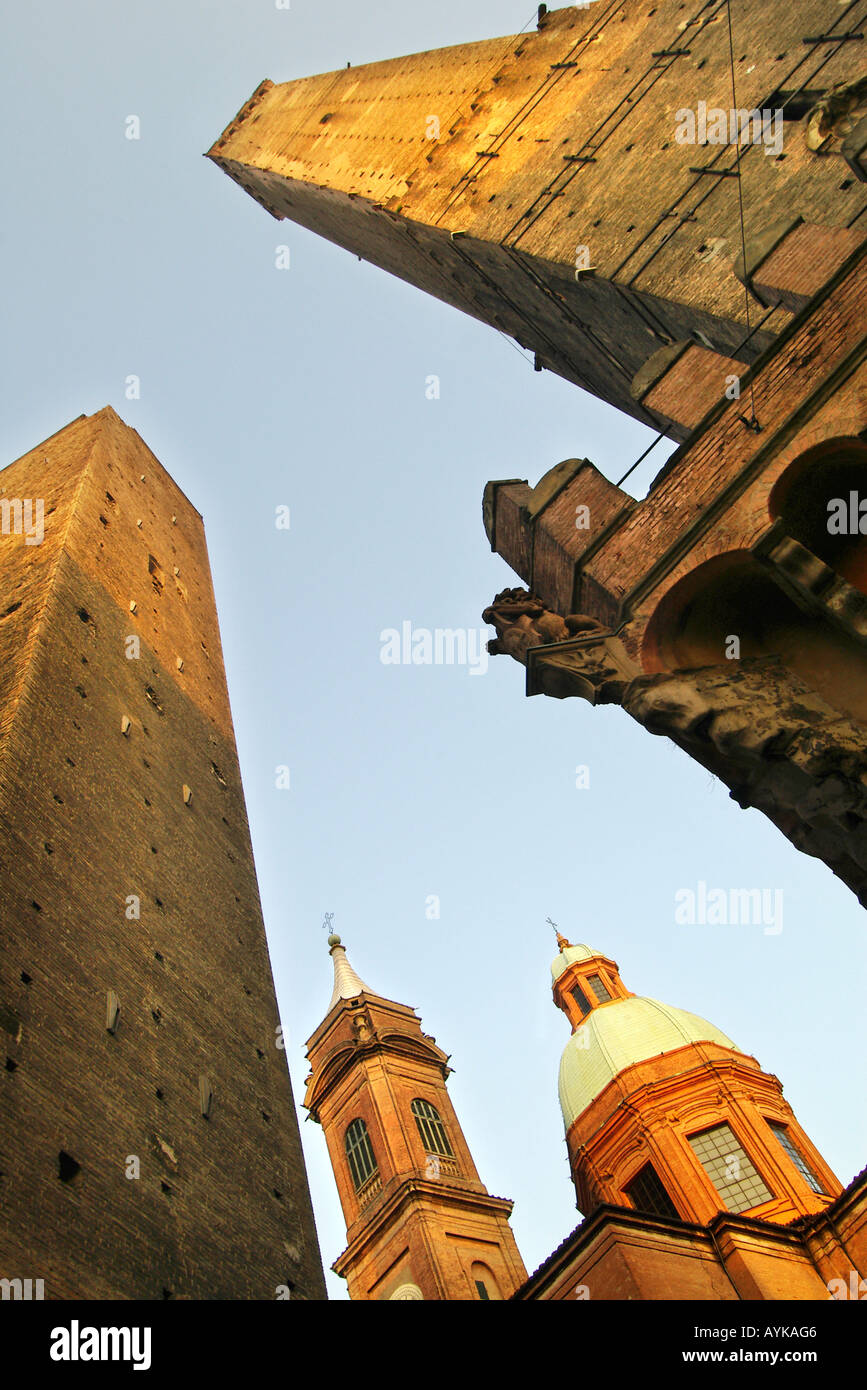 Bologna Emilia-Romagna Italy Two Towers Garisenda, Church of San Bartolomeo and Asinelli torre upright vertical portrait Stock Photo