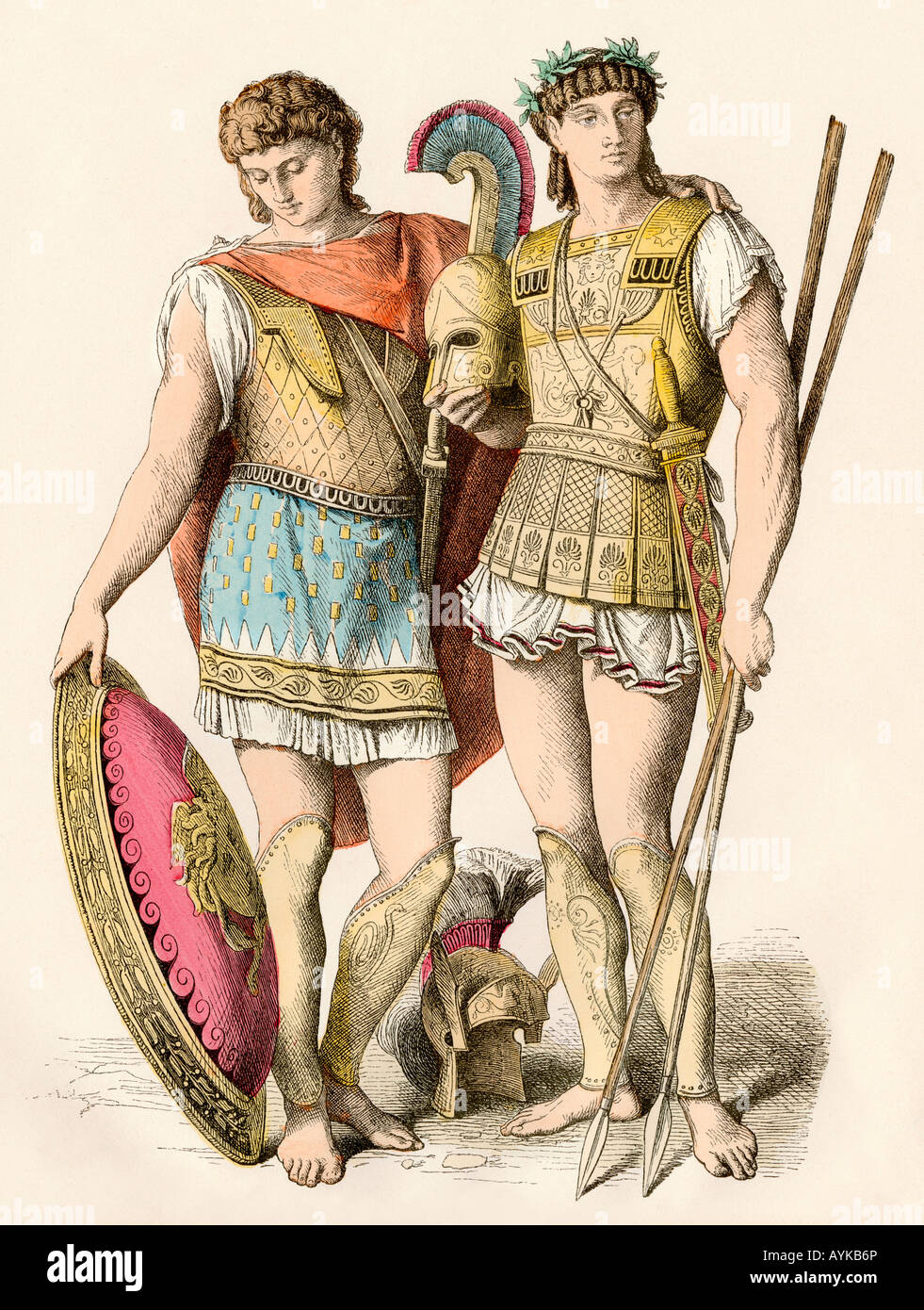 Greek king and a soldier dressed for battle in ancient times. Hand-colored print Stock Photo