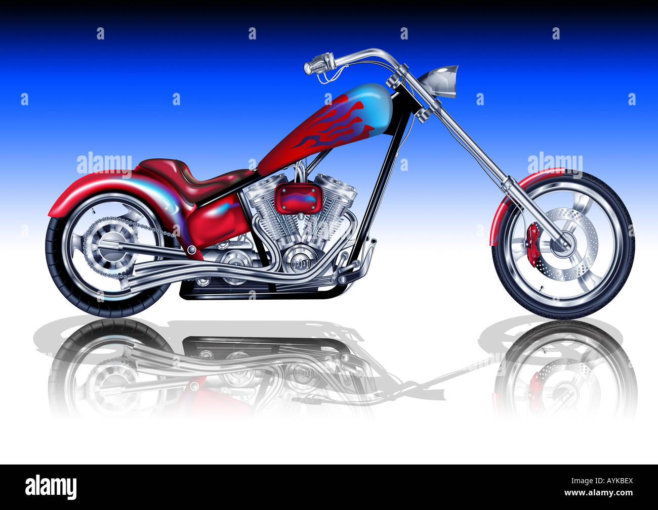 An illustration of a custom motorbike sitting on a reflective surface Stock Photo