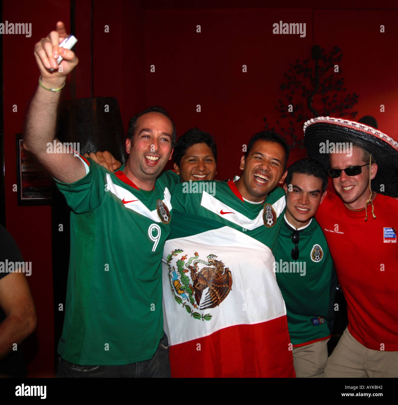 Mexico fans celebrate  their 3-1 victory vs Iran during the 2006 World Cup Finals, Mestizo Restaurant, London Stock Photo