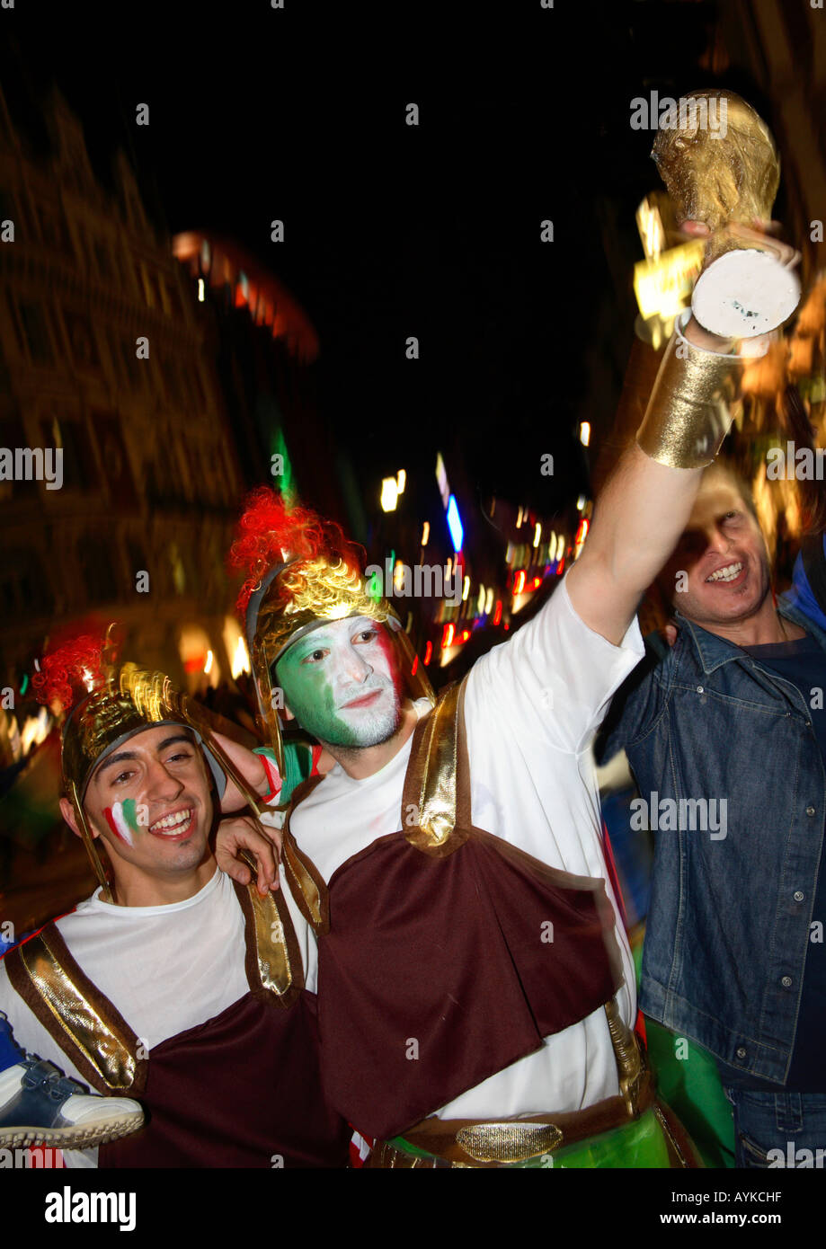 Italian fans celebrating in Piccadily Circus after winning 2006 World Cup final vs France, London Stock Photo
