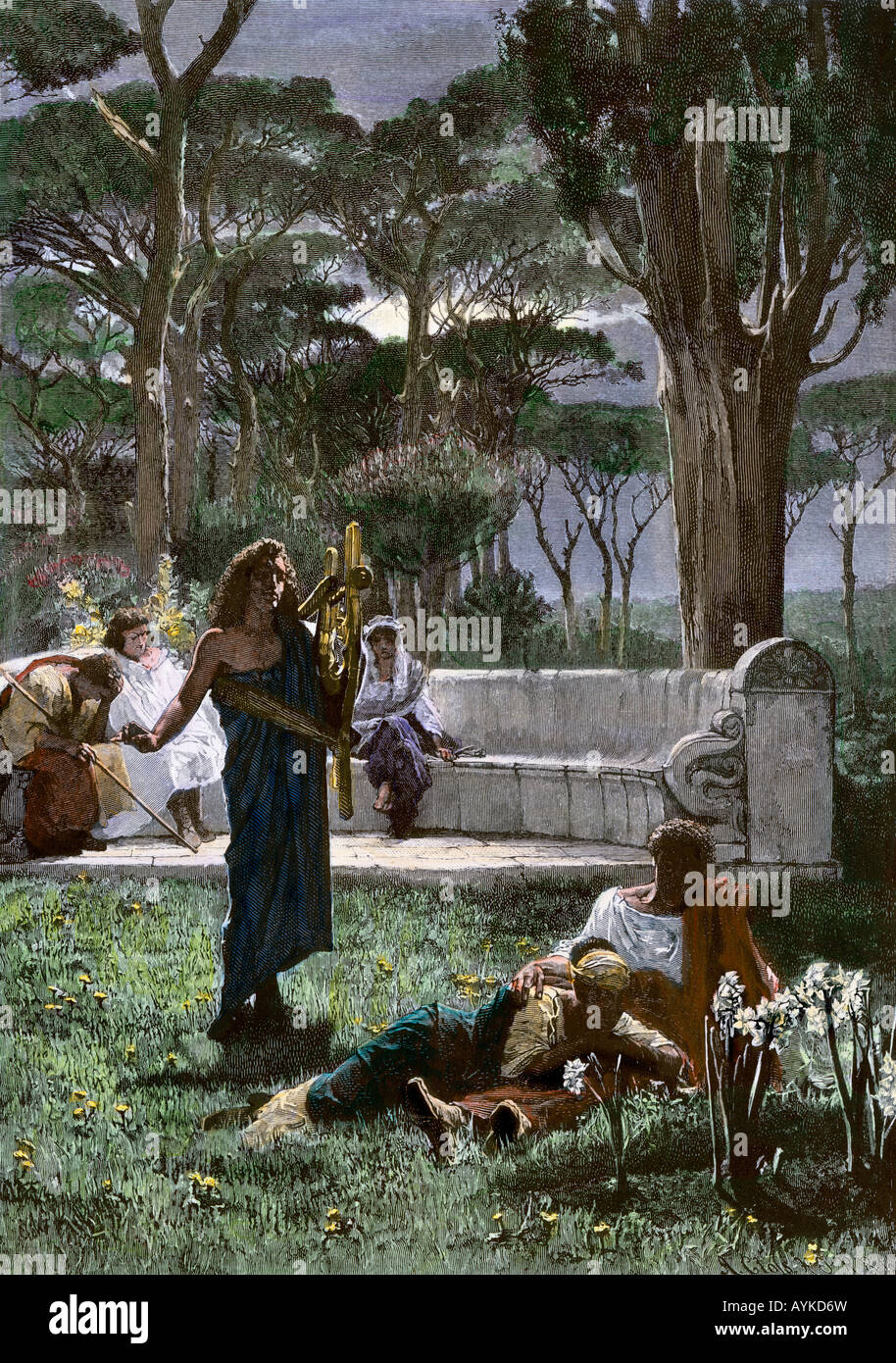 An outdoor lute concert on a romantic evening in ancient Rome. Hand-colored woodcut Stock Photo