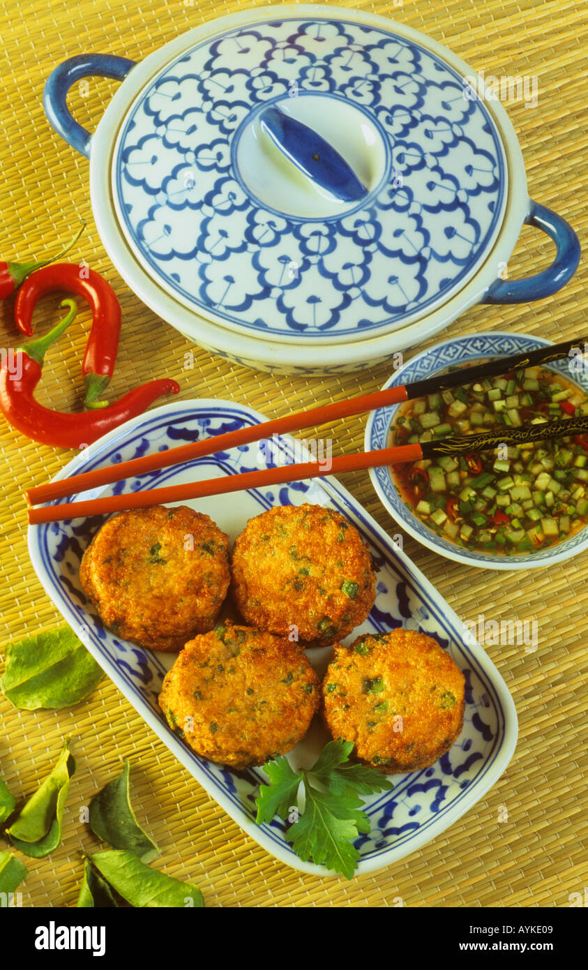 Thai fishcakes and dipping sauce Thailand Stock Photo