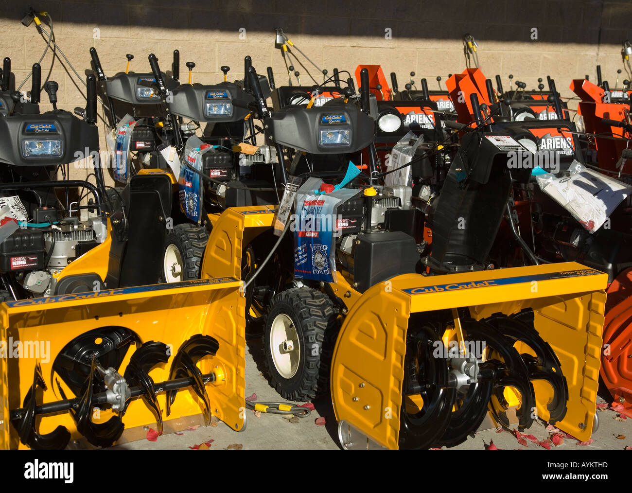 Snow plows for sale at a home center Stock Photo