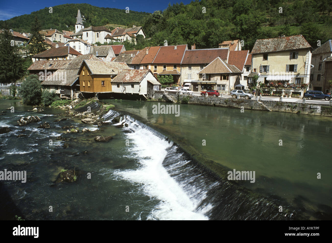 Pretty riverside village of Lods, Doubs France. Stock Photo