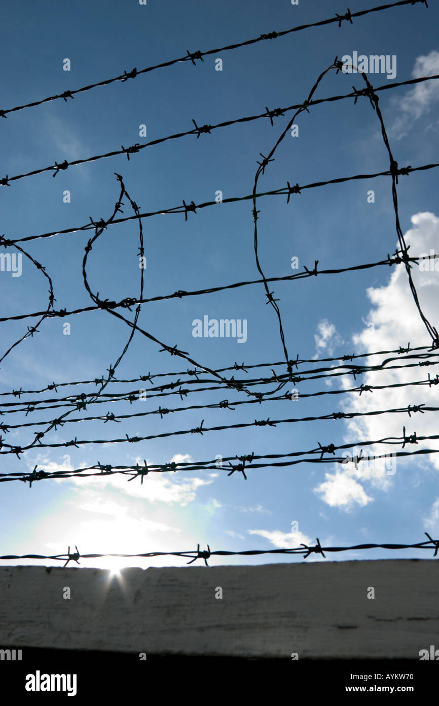 sun behind wall with barbed wire fence concept new beginning Stock ...