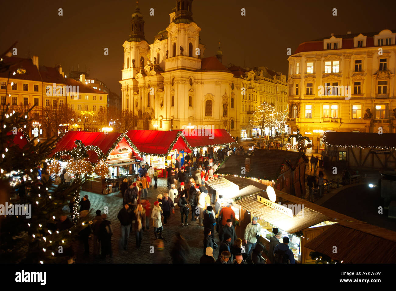 festive 'Christmas Market prague' at night The old Town Square, Prague, Czech Republic Stock Photo