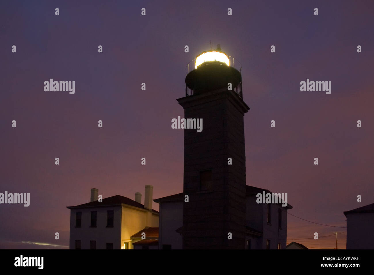 Lighthouse at Beavertail park taken at night Stock Photo
