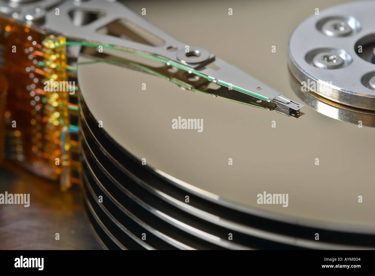 Close-up of a exposed hard-disk platters and head Stock Photo