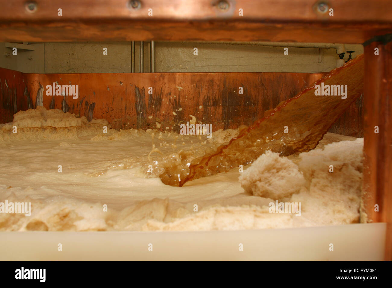 beer in a tun vat being mixed with yeast etc Stock Photo