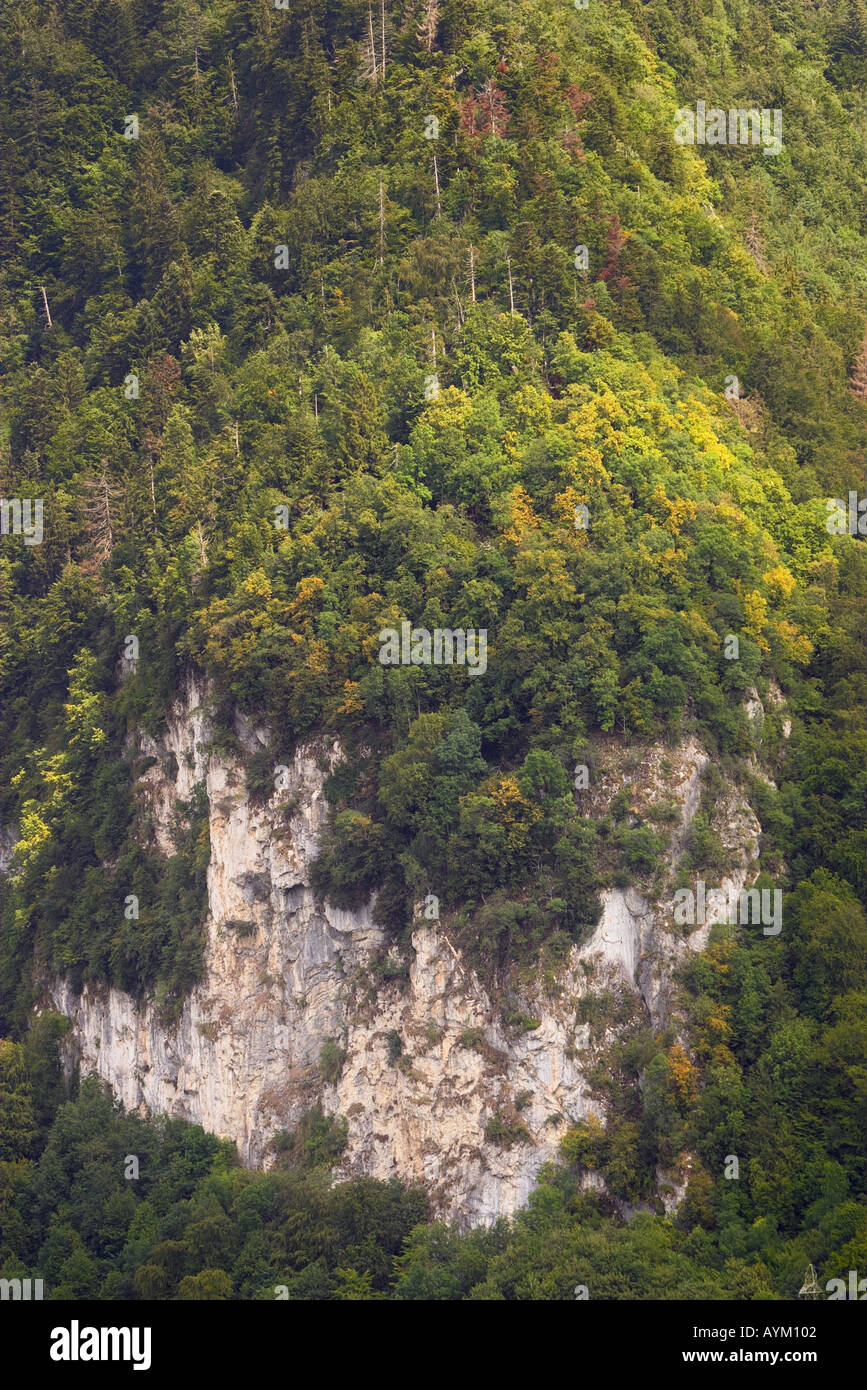 Rocky cliff viewed from Chateau de Gruyeres in the medieval town of Gruyeres in the Canton of Fribourg Switzerland Stock Photo