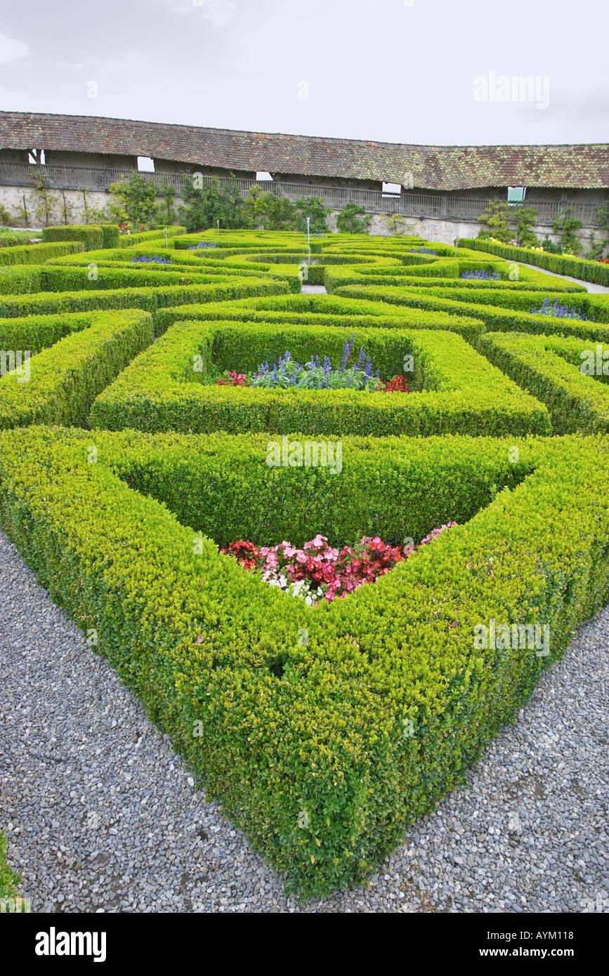 Geometrical garden in the Chateau de Gruyeres in the medieval town of Gruyeres in the Canton of Fribourg Switzerland Stock Photo