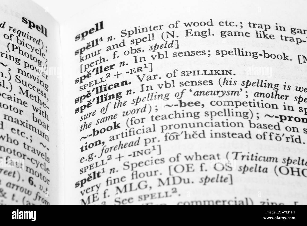 Detail of dictionary entries for spelling speller spelt and spell Stock Photo