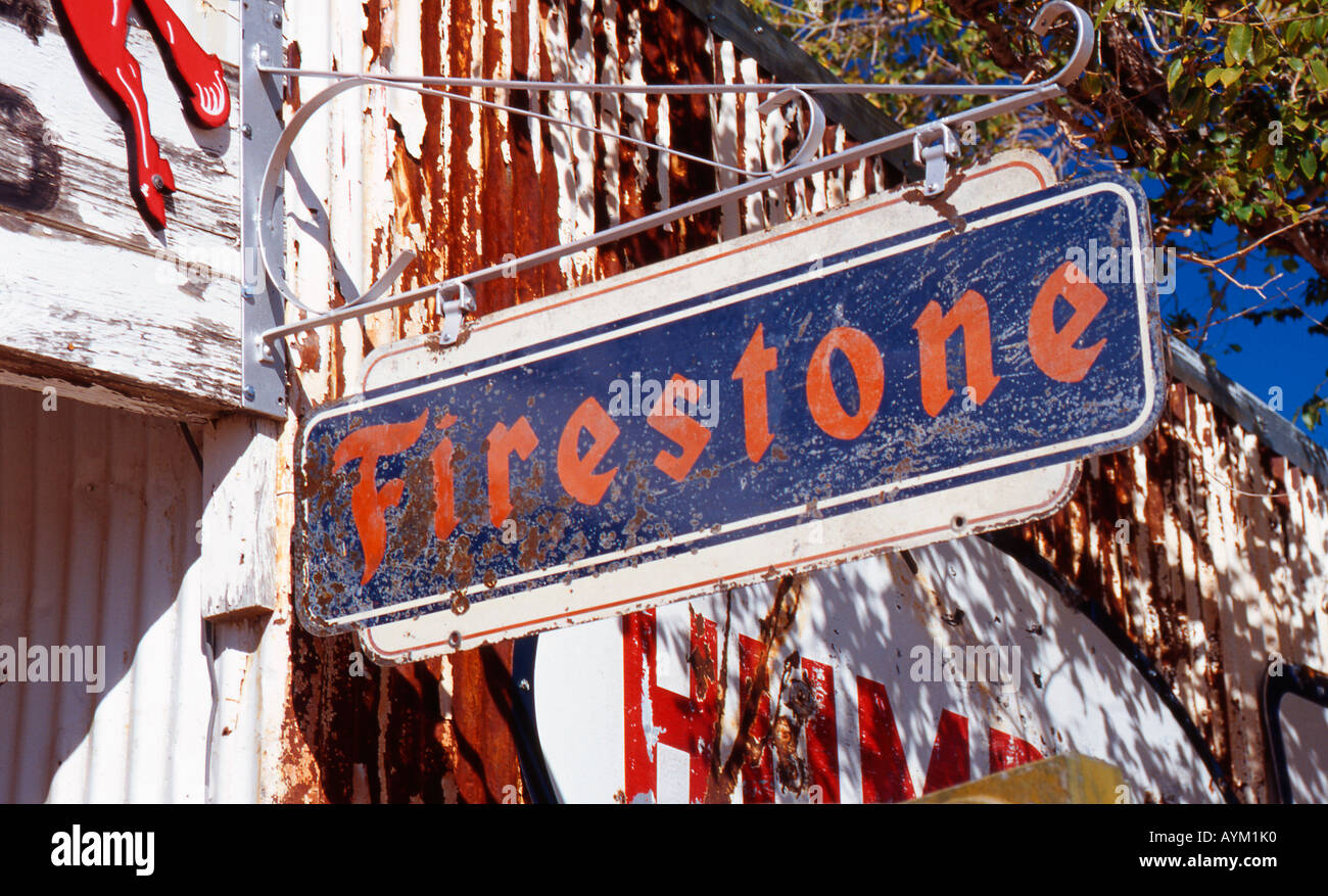 Old Firestone tire sign at the Route 66 Visitors Center in Hackberry Texas Stock Photo