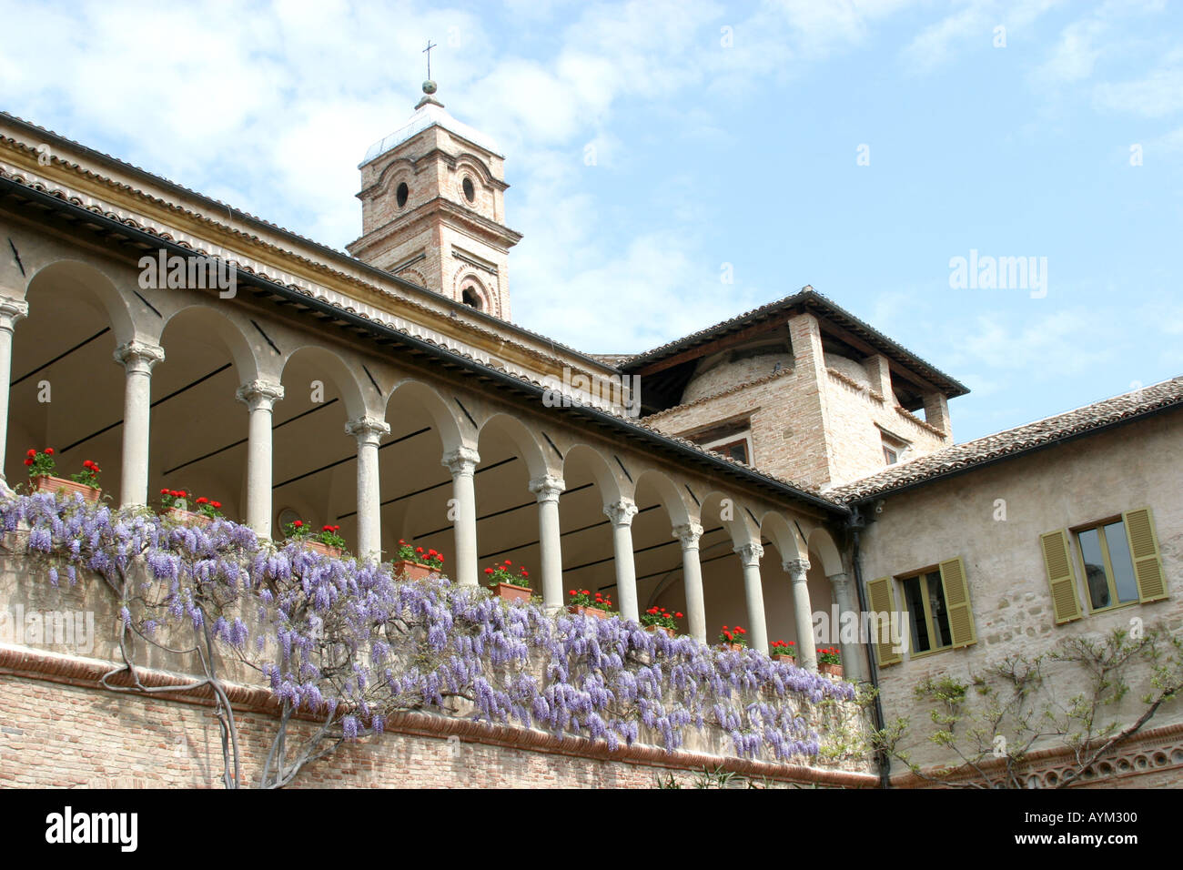 Flowered cloisters and tower of the St Nicholas church in Tolentino Le Marche Italy Stock Photo