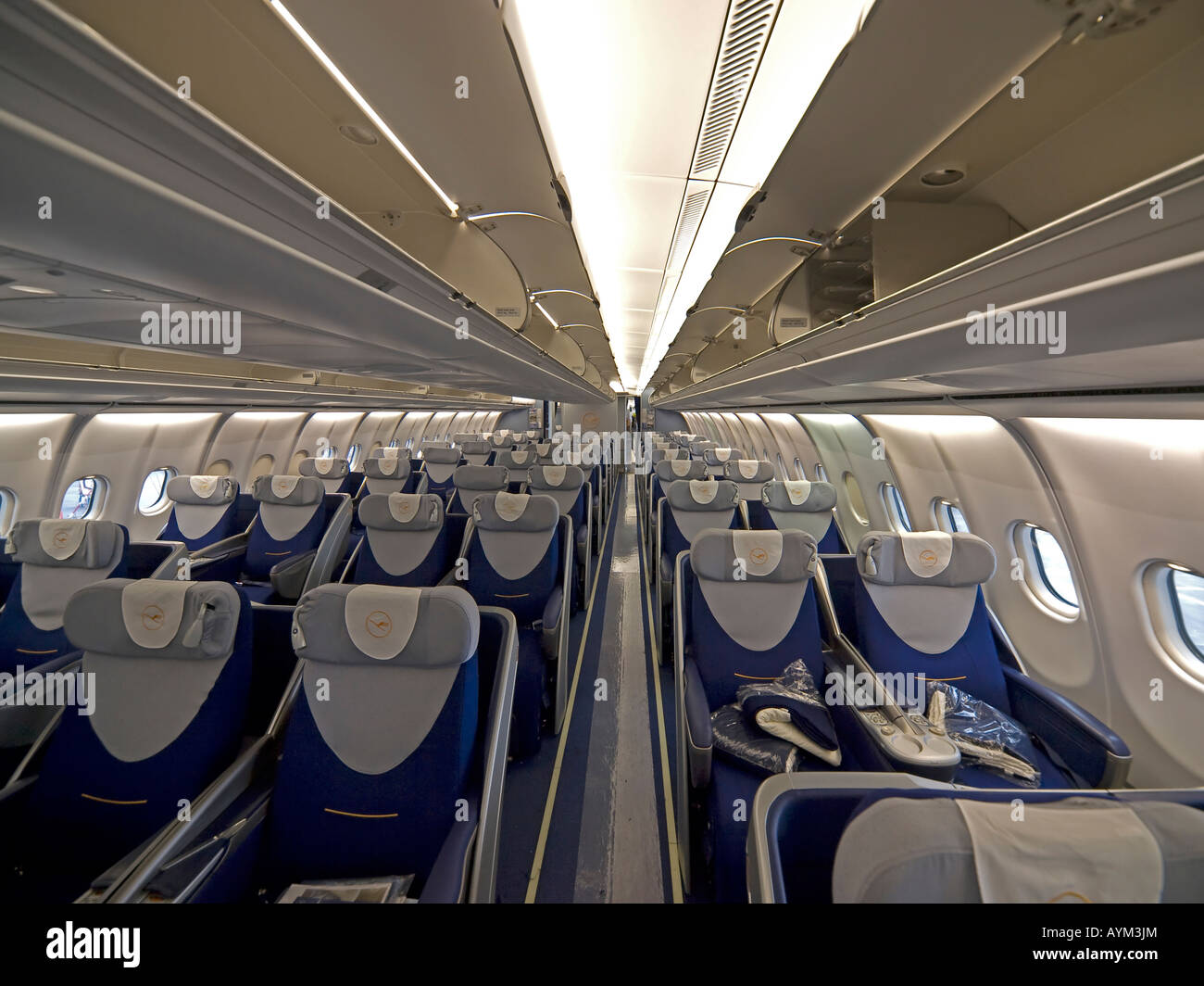 interior view in an aeroplane Airbus A 340 cabin seats business class Lufthansa Stock Photo