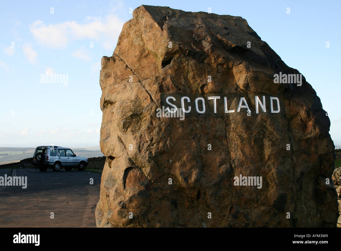 Boundary stone on England and Scotland Border at Carter Bar south of Jedburgh Cheviot Hills main