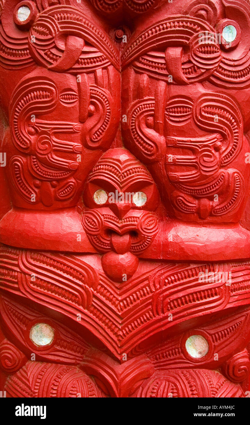 New Zealand Maori carving on meeting house at Waitangi Stock Photo