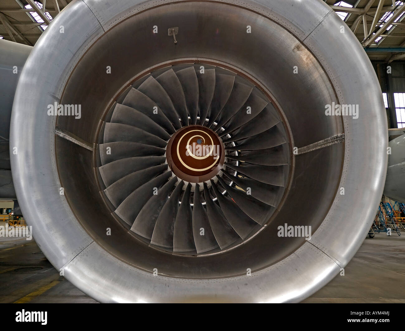 aeroplane in service hall Airbus A 340 of Lufthansa detail from jet engine Stock Photo