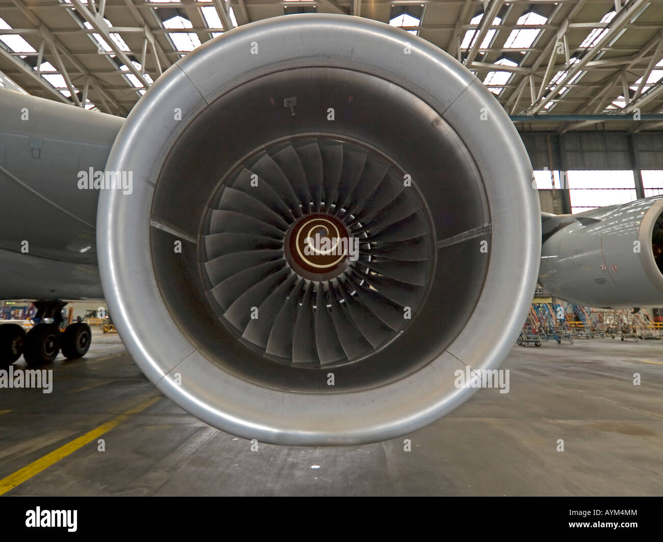 aeroplane in service hall Airbus A 340 of Lufthansa detail from jet engine Stock Photo