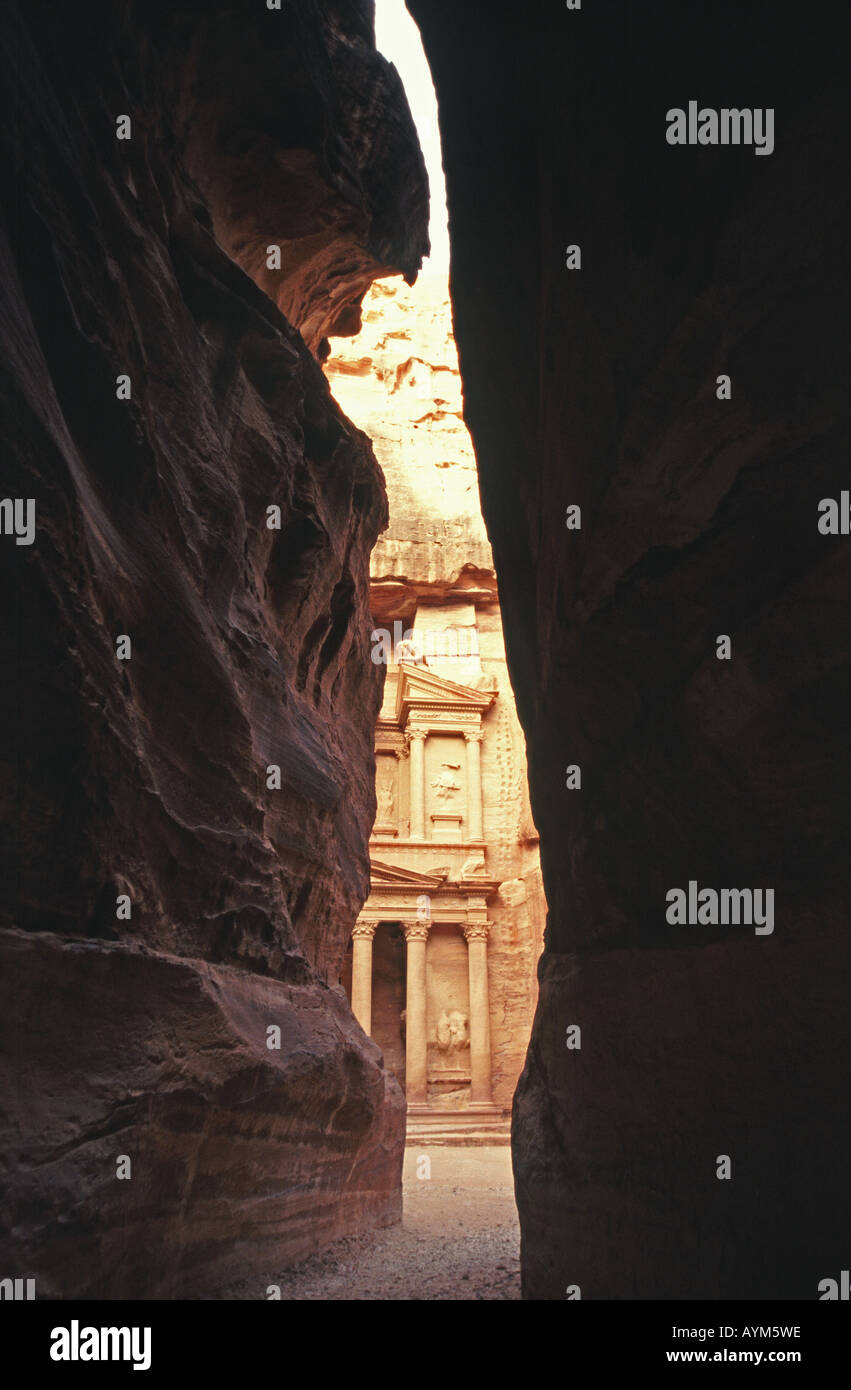 PETRA, JORDAN. The building known as the Treasury, at the end of the Siq in the ancient Nabatean city. Stock Photo