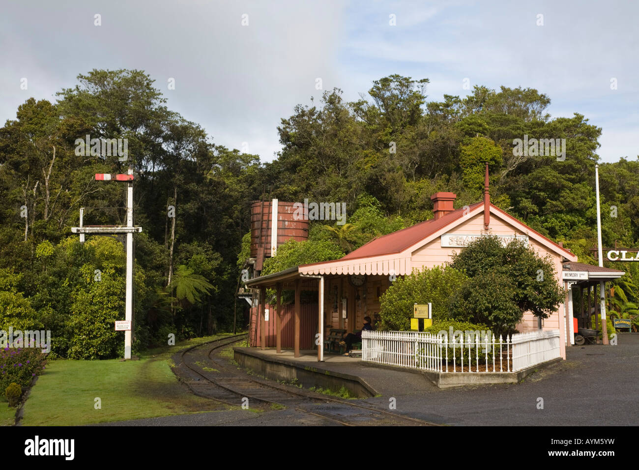 Old railway station building in Shantytown replica 19th century town tourist attraction Greymouth South Island New Zealand Stock Photo