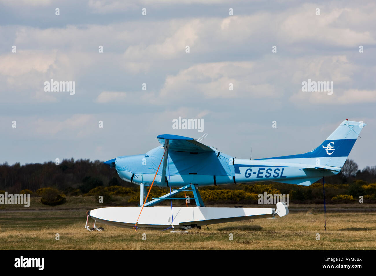Blue Seaplane on Dry Land Stock Photo