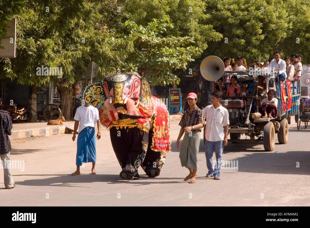 Stock photograph of a papier mache elephant leading a street parade at Monywa in Myanmar 2006 Stock Photo
