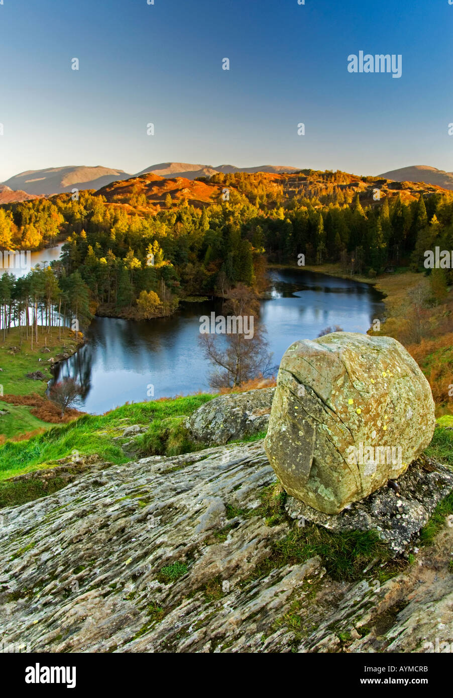 Tarn Hows and the Distant Helvellyn Fells in Autumn, The Lake District National Park, Cumbria, England, UK Stock Photo
