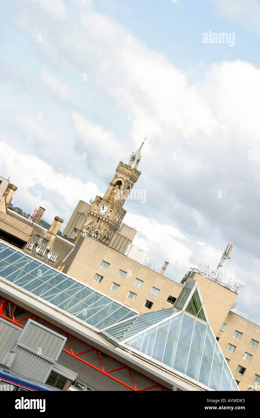 Bradford skyline with glass roof of exchange interchange with tower of town hall in distance Stock Photo