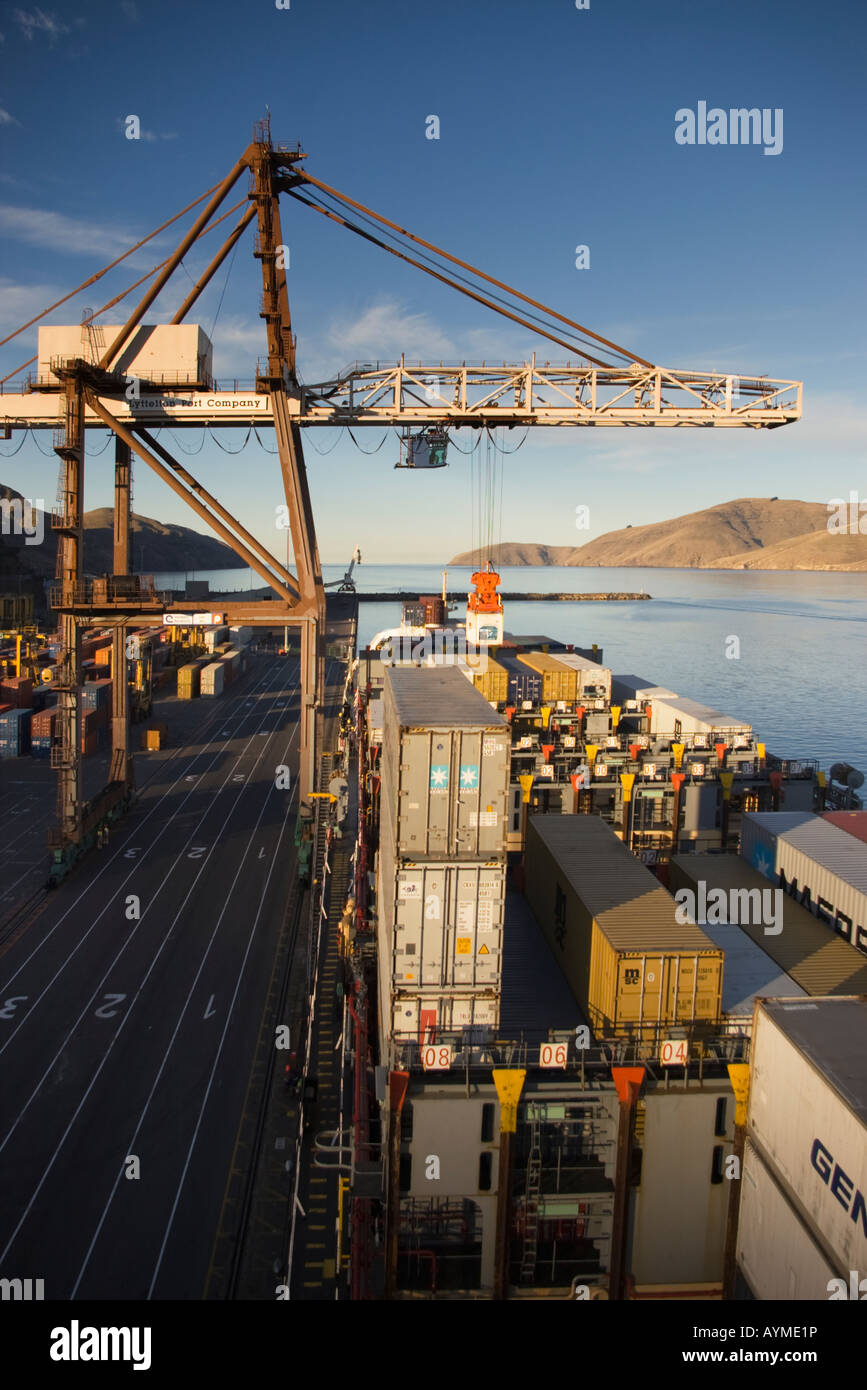 A view from the bridge of a container ship moored alongside the quay at Lyttelton, New Zealand Stock Photo