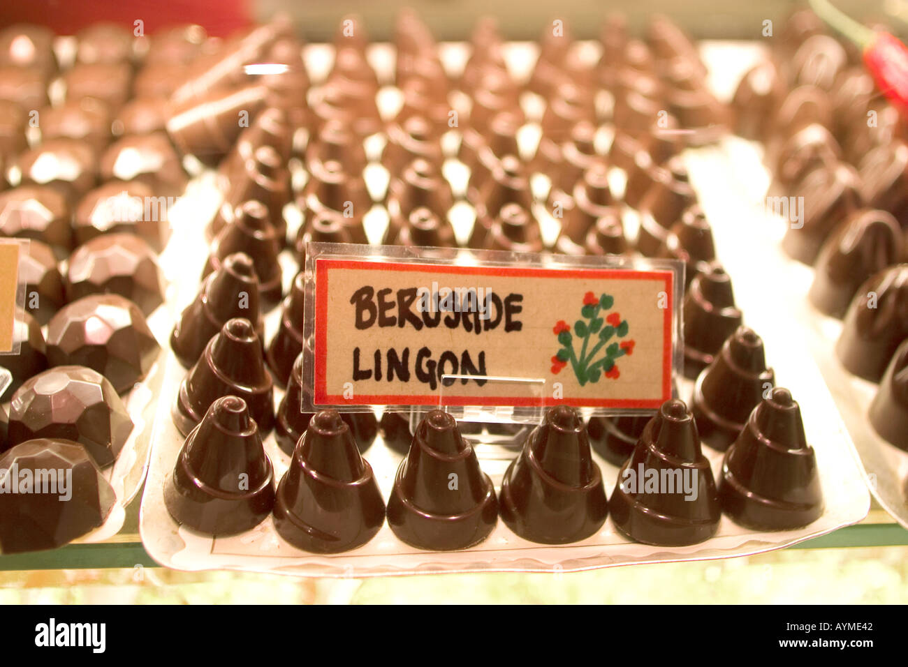 Swedish chocolates with Lingonberry for sale in a sweet shop in Stockholm BERUSADE LINGON Stock Photo