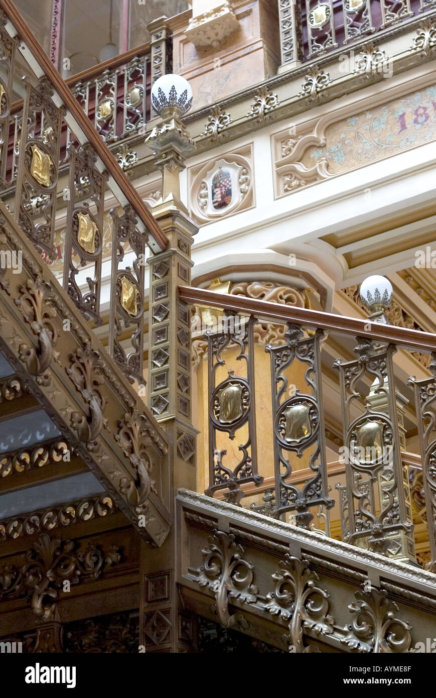 Beautiful detailed art deco stairs lamps and bannister in Correo Mayor the main post office in Mexico City Stock Photo