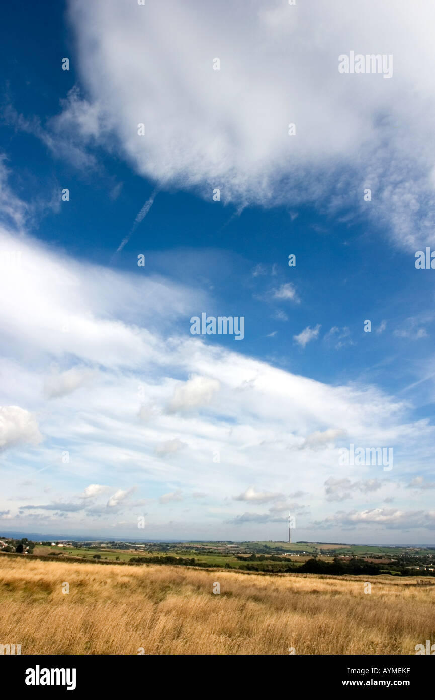 View from Denby Lane Upper Denby towards Emley Moor Transmitter West Yorkshire England Stock Photo