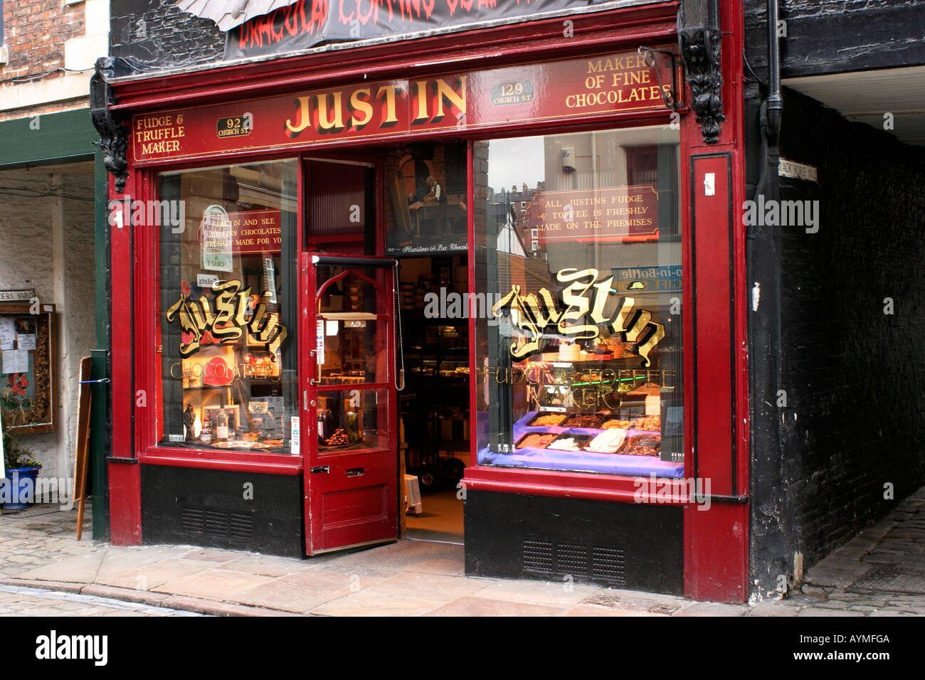 Window of fudge and toffee makers shop in old town Whitby North Yorkshire England Stock Photo