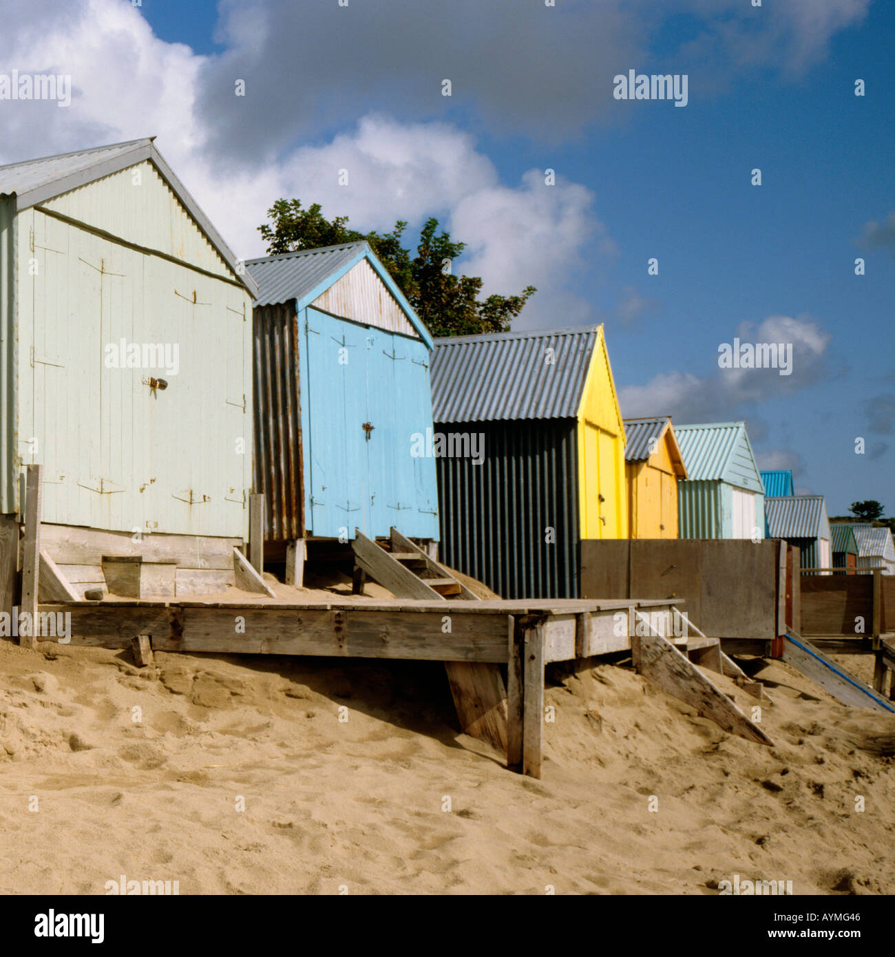 Wales Gwynedd Lleyn Peninsula Abersoch beach huts in the sand dunes Stock Photo