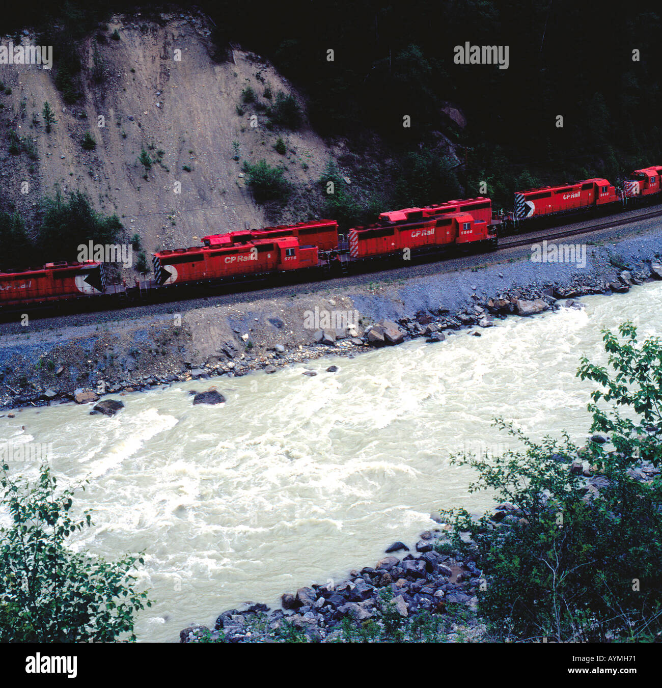 two CP Rail freight train travelling along the Thompson River, Rocky