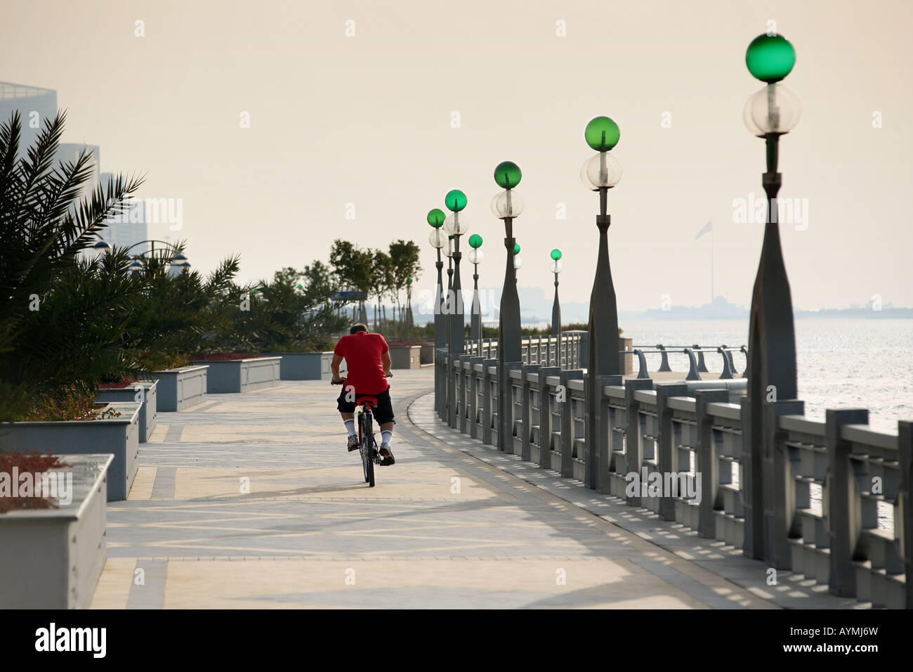A man cycling along along the Corniche at dusk, Abu Dhabi city, Abu Dhabi, UAE Stock Photo
