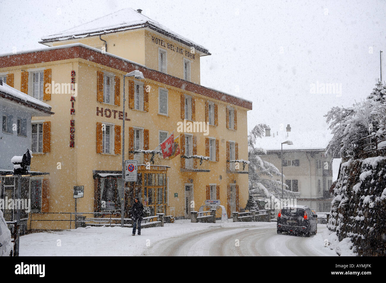 Hotel Bel Air Eden in heavy snow fall - Grindelwald - Brenese Swiss Alps Stock Photo