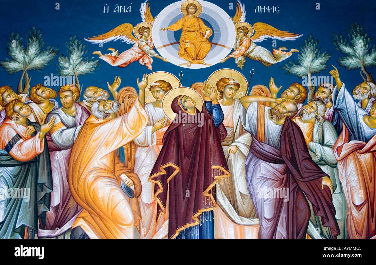 Ascension of Jesus Christ wall illustration church Crete Krete island Greece Stock Photo
