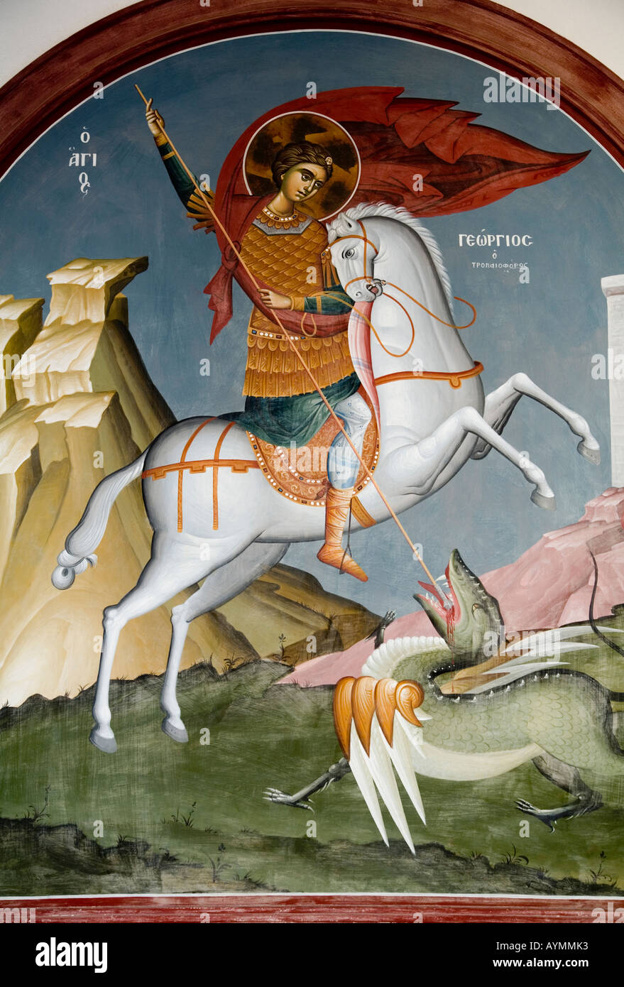 Saint George lancinating spearing the Dragon Evil illustration old church Crete Krete island Greece Stock Photo
