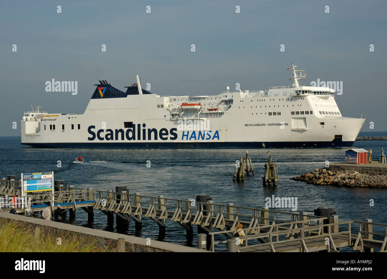 The Scandlines ferry "Mecklenburg Vorpommern" entering Warnemuende, en route from to