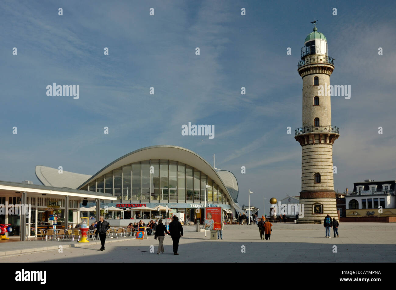 The lighthouse and 'Teepott' at Warnemuende, Germany. Stock Photo
