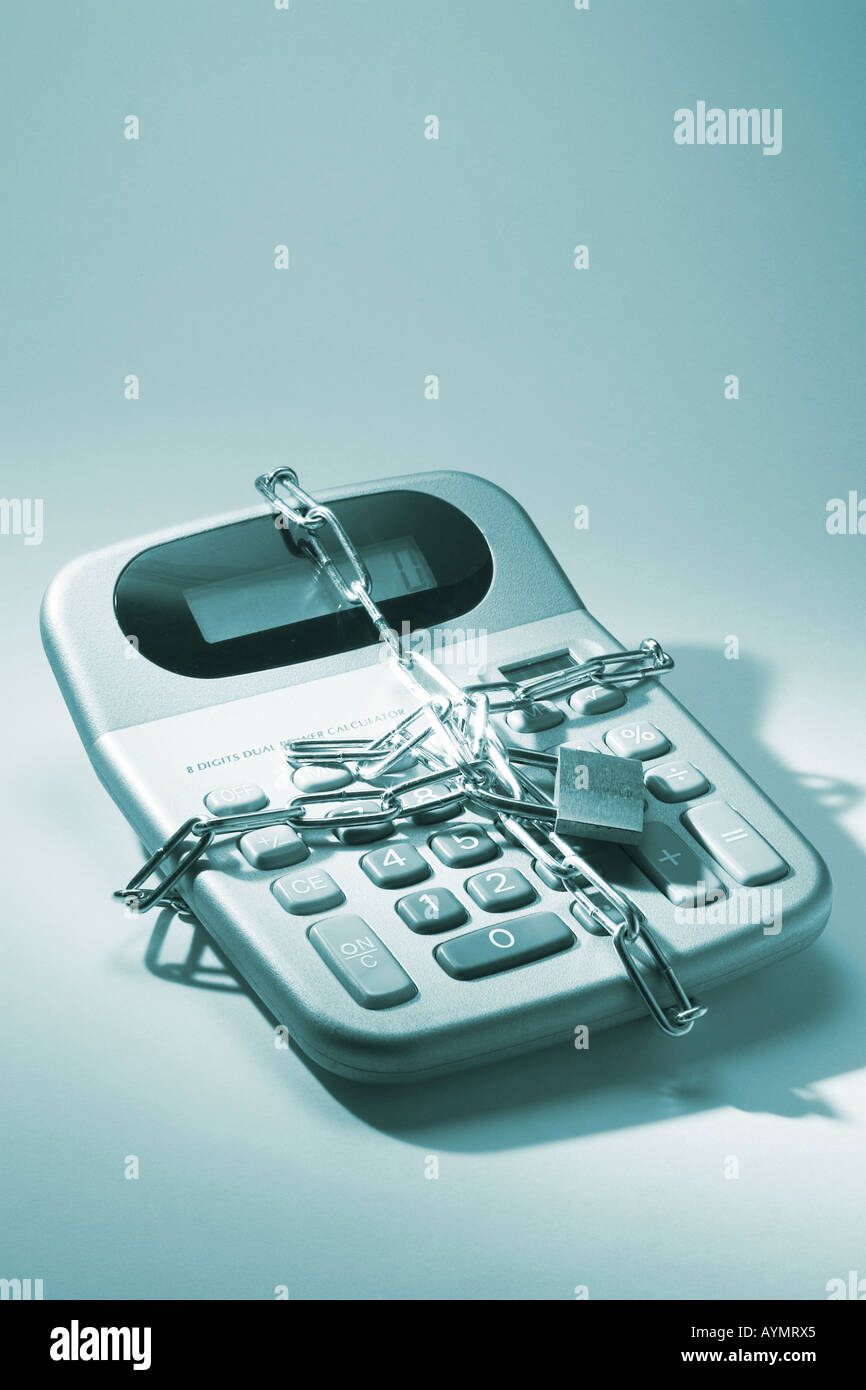 Calculator with Padlock and Chain Stock Photo