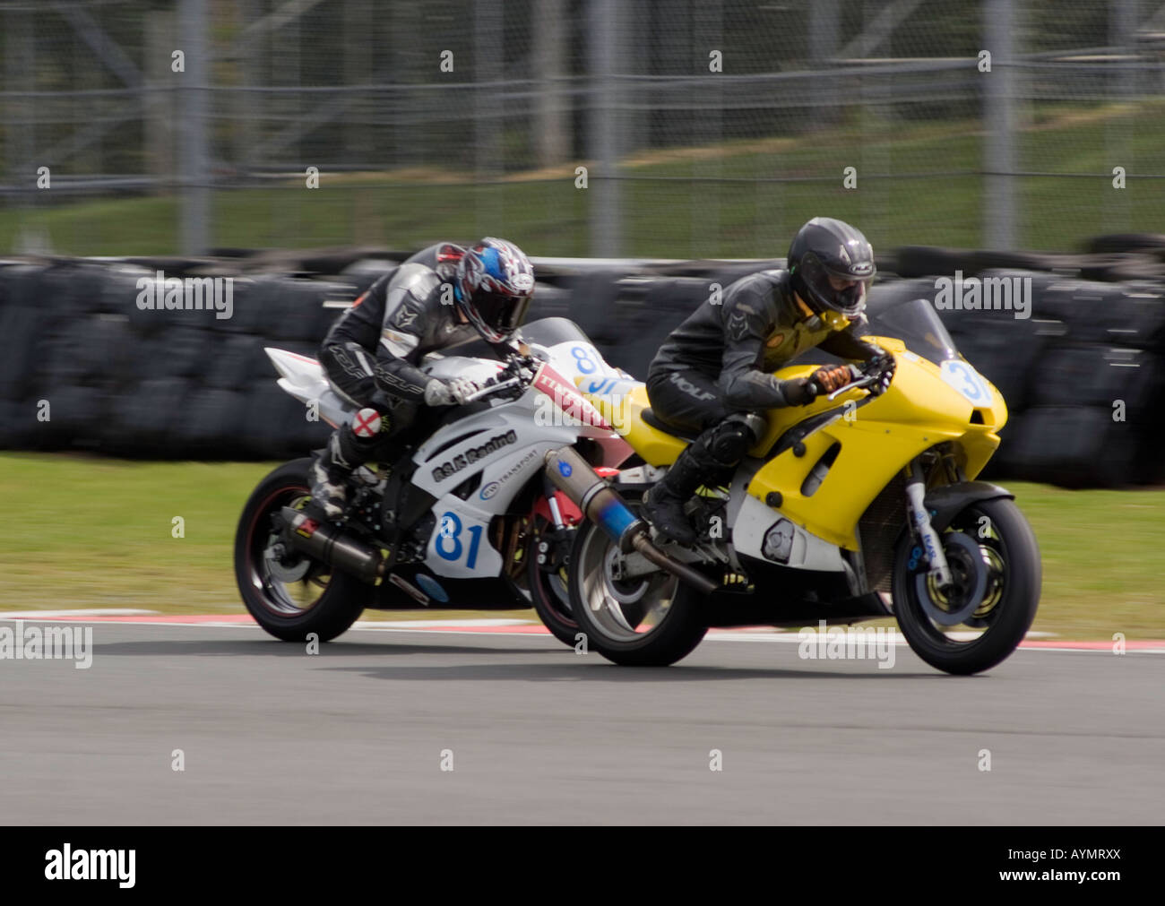 Two F600 Motorbikes Racing in a Wirral 100 Motor Club Meeting at Oulton
