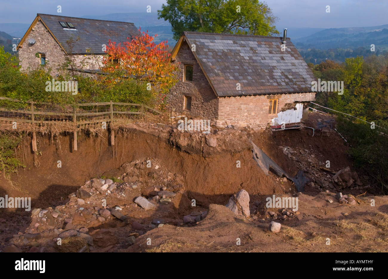 Devestation caused by canal bank collapsing at Gilwern Monmouthshire South Wales Wales UK EU Stock Photo