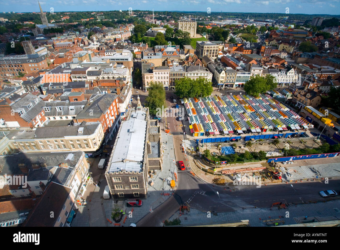 Cityscape view of Norwich market and Guildhall from City Hall clock