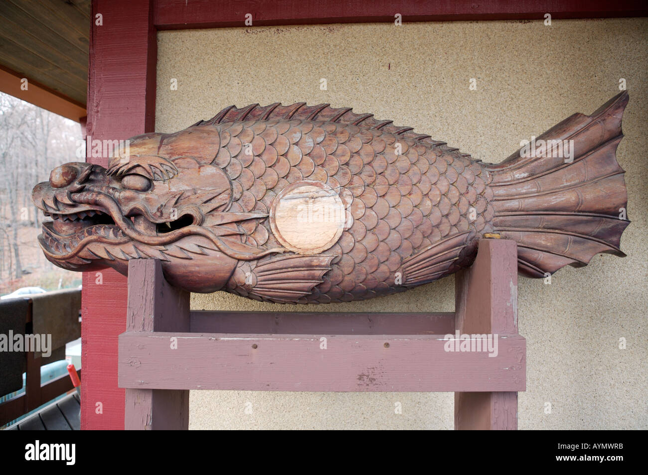 Wooden fish sculpture, Chuang-yen Monastery, New York, USA Stock Photo