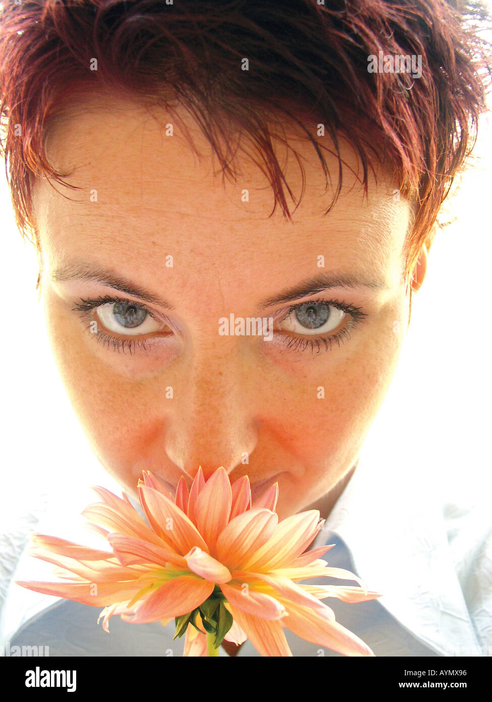Frau riecht an einer Blume Stock Photo