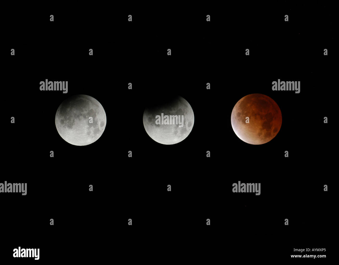 Three phases of a total lunar eclipse seen from Prague, Czech Republic, on November 8, 2003 Stock Photo